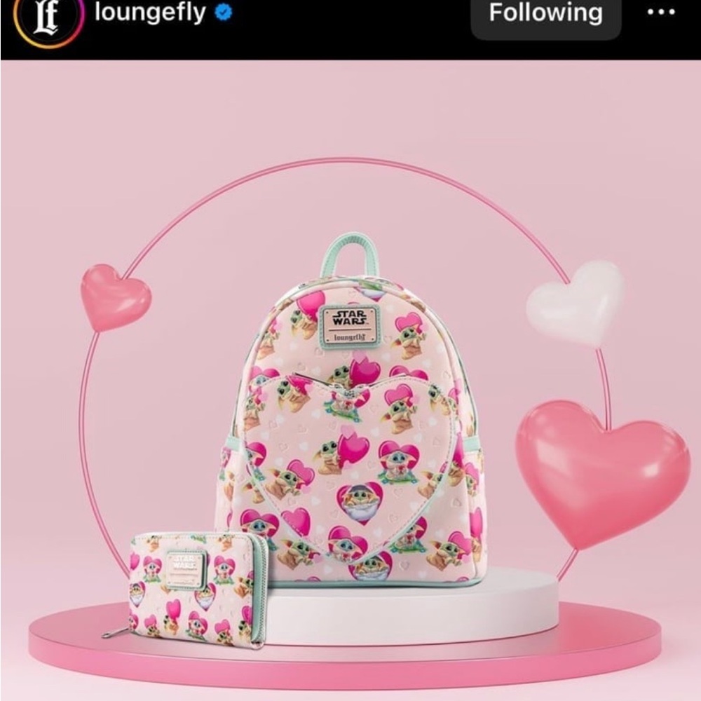 Loungefly Valentines Day Grogru backpack and wallet